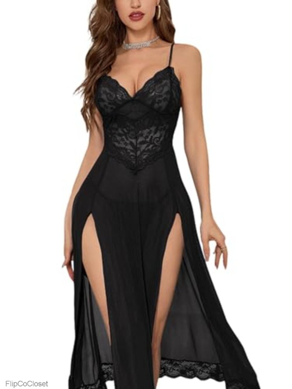 Women's Lingerie Dress 2 Piece Set with Thong, Sleeveless Maxi, Lace, Wireless,